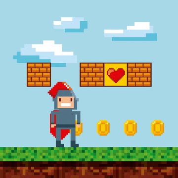pixel knight character with gold coins over landscape background. video game interface design. colorful design. vector illustration
