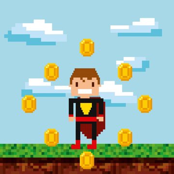 pixel superhero character with gold coins around over landscape background. Video game interface design. Colorful design. vector illustration