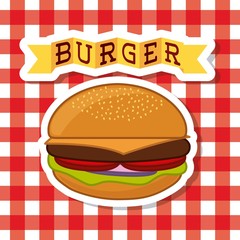 hamburger with vegetables over picnic tablecloth background. fast food concept. colorful design. vector illustration