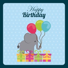happy birthday card with cute elephant with balloons and gift boxes over blue background. colorful design. vector illustration
