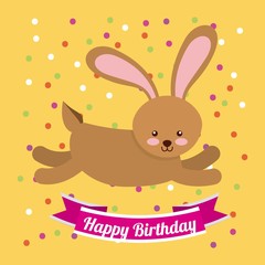happy birthday card with cute rabbit animal over yellow background. colorful design. vector illustration