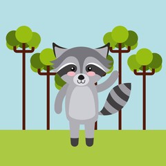 cute racoon animal over landscape background. colorful design. vector illustration