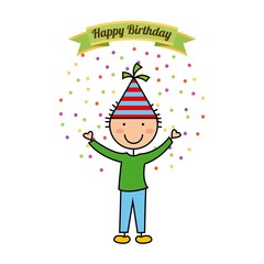 happy birthday card with happy boy over white background. colorful design. vector illustration
