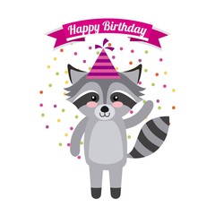 happy birthday card with cute raccoon over white background. colorful design. vector illustration