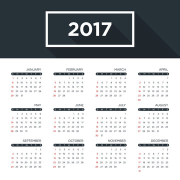 Calendar 2017 for a year, simple flat design
