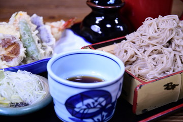 Soba noodle with fried shrimp. Japanese buckwheat soba noodle.