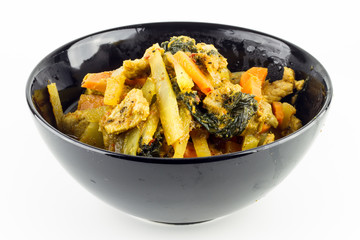 Thai Food ,A Bowl of Chicken Curry with Papaya on white background  and Sparrow's Brinjai