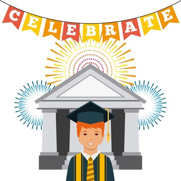 cartoon graduate man with decorative pennants and fireworks over white background. colorful design. vector illustration