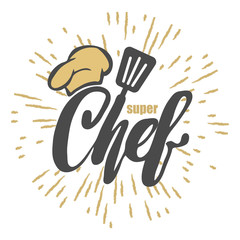 Chef logo. Lettering Hand lettering with a cap chef. Hipster style and rays. Symbol icon logo design.