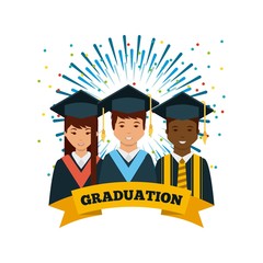 group of happy graduates with hat and gown with yellow ribbon over white background. colorful design. vector illustration