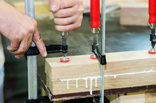 Joinery work. Gluing wood pieces