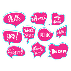 Vector set of comic speech bubbles. Hand drawn set of comic quotes balloons with text.