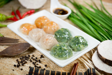 Steamed Dumpling stuffed with Garlic Chives and Taro and bamboo