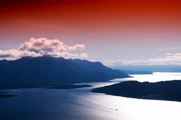 Fototapeta na wymiar Sunset Norway islands landscape background