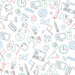 Seamless background on a theme business on the Internet and information technology , drawn with colored markers on white background