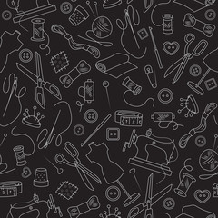 Seamless pattern on the theme of needlework and sewing , simple outline icons on a dark background