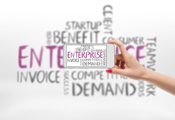 Female hand with smartphone taking photograph of collage business terms