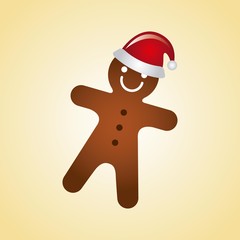 ginger cookie with christmas hat over yellow background. merry christmas design. vector illustration
