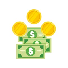 green bills and gold coins over white background. money items design. vector illustration