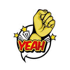 speech bubble with hand and yeah word over white background. comic and pop art concept. colorful design. vector illustration
