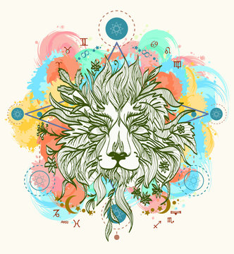 Lion color tattoo art vector. Lion head tattoo design