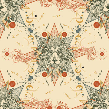 Medieval seamless pattern mystical lion and carp