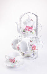 tea set or porcelain tea set on background.