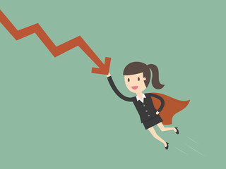 Obraz premium Super businesswoman stops the falling down chart.