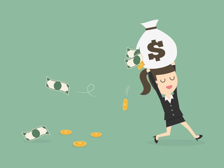 Careless Businesswoman Carrying a Torn Money Bag.