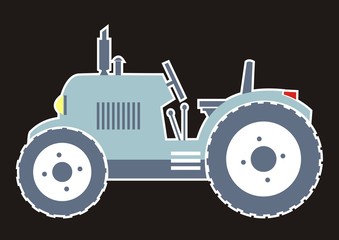 Blue tractor, vector icon with white contour.