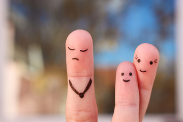 Finger art of family during quarrel. Concept of child is friends with his mother. Idea parents...