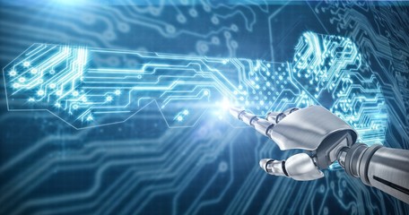 Composite image of silver robot arm pointing at something