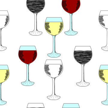 Sketch set of wineglasses. Red wine, white wine. Isolated on white background. Hand drawn illustration, seamless pattern