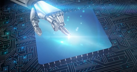 Composite image of silver robot arm pointing at something