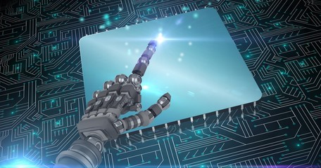 Composite image of back robot arm pointing at something