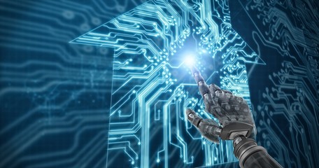 Composite image of back robot arm pointing at something