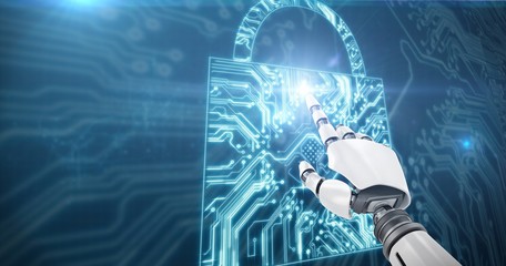 Composite image of white robot arm pointing at something