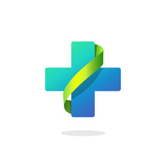 Blue medical cross vector logo isolated on white background, pharmacy symbol with green ribbon, creative clinic color sign, modern flat style brand element design