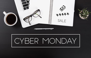 Modern Office desk with Cyber Monday message homepage on the table business sale offer special concept.
