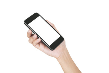 hand holding smart phone with white screen isolated clipping pat