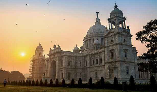 Sunrise at Victoria Memorial architectural building monument and museum at Kolkata, India.