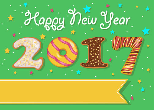 Happy New Year 2017. Colorful donuts font.