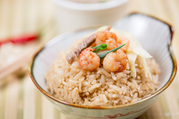 Taiwanese traditional food - Tainan Shrimp rice. With shrimp, ginger, pork, and scallion on top.