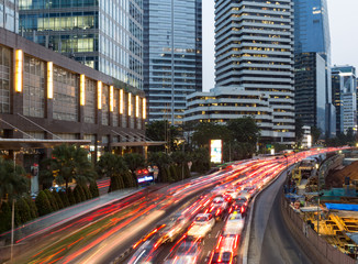 Fototapeta na wymiar Jakarta rush hour in business district in Indonesia capital city at night