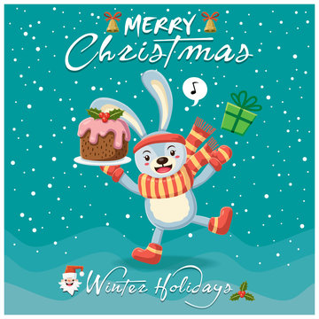 Vintage Christmas poster design with rabbit character.