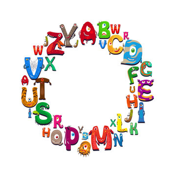Cartoon alphabet round frame on white background. Vector illustration