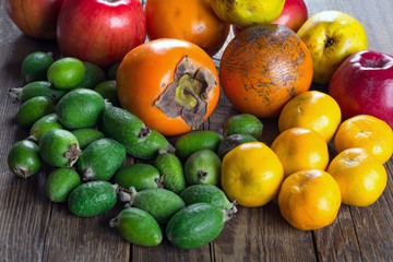 Exotic fruits on wooden background