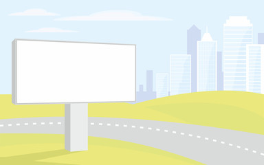 The image of the Billboard on the background of a modern  city. Cityscape with tall buildings and skyscrapers . Vector background for design presentations, brochures, web sites and banners.