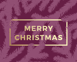 Merry Christmas Abstract Vector Greeting Card. Modern Golden Typography in a Frame. Purple Background