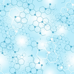 Molecular structure blue and white seamless pattern. Vector illustration